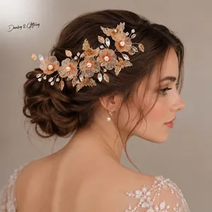Vintage Luxury Gold Bridal Hair Band Hand Woven Alloy Flower Butterfly Wedding Headband With Faux Artificial Pearl Rhinestone Accessories For Women Party