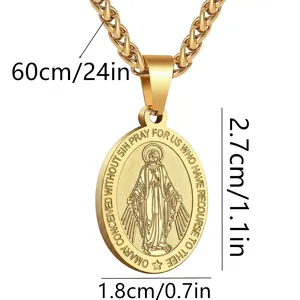 Detail view of gold stainless steel Virgin Mary medal pendant necklace with dimensions