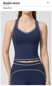 Détail d'un débardeur de yoga bleu marine avec liserés blancs contrastés et tissu doux