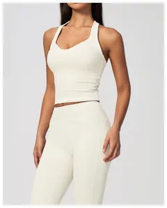 Débardeur de yoga dos nageur crème minimaliste avec bordure contrastée et tissu brossé doux