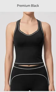 Détail d'un débardeur de yoga noir à dos nageur avec liseré contrasté blanc pour le fitness
