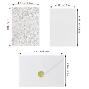 Detailed dimensions of laser-cut wedding invitation pocket, card, and envelope