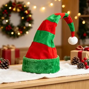 Red and green striped Christmas elf hat with fuzzy brim and white pom-pom detail