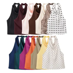 Halter Neck Top Satin Sleeveless Backless Slim Fit Elegant Party Blouse For Women