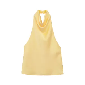 Elegant yellow satin halter neck top with soft cowl neckline and smooth texture