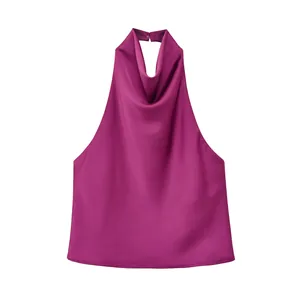 Detailed view of magenta silk satin halter top with elegant cowl neck design