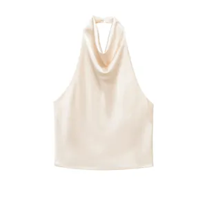 Elegant champagne satin halter top featuring a sophisticated draped cowl neck design.