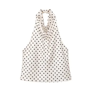 Elegant white satin halter neck top featuring classic black polka dot print for women