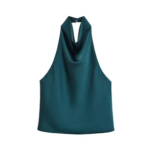 Detailed view of elegant dark teal satin halter neck top with graceful cowl neckline