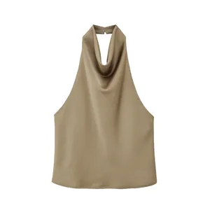 Elegant khaki silk satin halter neck top featuring a sophisticated cowl neck detail