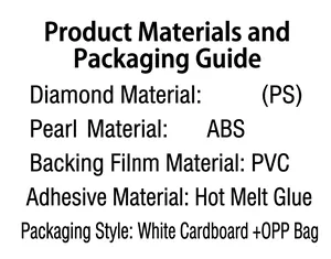 Material specifications showing PS crystal, ABS pearl and PVC film for heart stickers