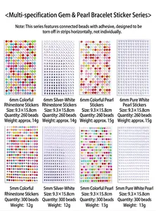 Variety pack of colorful gemstone and pearl sticker sheets with detailed specifications