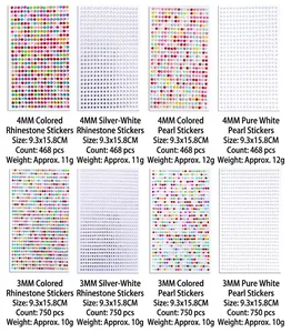 Selection of rhinestone and pearl stickers in various sizes and colors for DIY crafting.