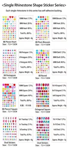 Detail view of self-adhesive rhinestone sticker sheets in various shapes and sizes for DIY.