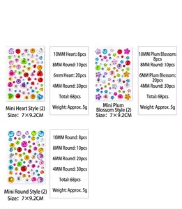 Specification chart for heart, plum blossom, and round shape DIY gemstone stickers