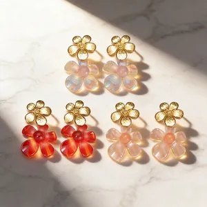 Boucles d'Oreilles Pendantes Double Fleur en Acier Inoxydable de Luxe Avec Pétales en Résine Texture Martelée Bijoux d'Oreille Floraux Pour Femmes Quotidien Fête Cadeau Élégant