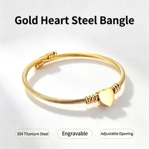 Macro view of gold heart wire bracelet made of 304 titanium steel with adjustable opening