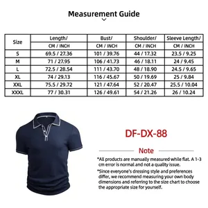 Detailed size chart and measurement guide for men's navy blue striped lapel polo shirt