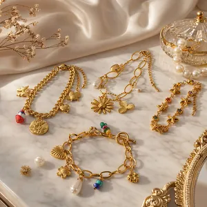 Luxury Gold Plated Stainless Steel Multi Charm Bracelet For Women Heart Flower Butterfly Star Artificial Pearl Rhinestone Bracelet Fashion Jewelry Gift