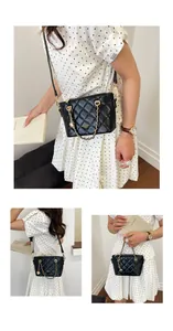 Sac seau en cuir noir matelassé avec chaîne dorée présenté dans diverses poses de style