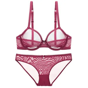Elegant burgundy sheer mesh lingerie set with wired bra and matching lace trim panties