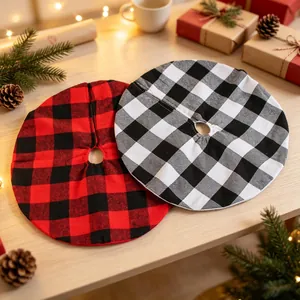 Pair of classic red and black plus white and black checkered plaid Christmas tree skirts