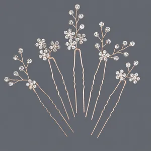 Lot de 5 épingles à cheveux de mariée élégantes en or rose avec fleurs en strass