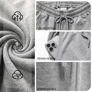 Detail view of gray men's joggers showing fabric texture, waistband, and side pockets