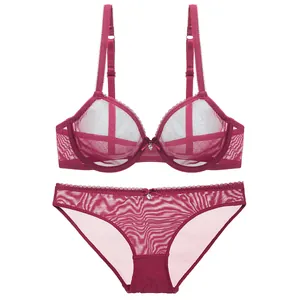 Women's Sexy Transparent Mesh Bra And Panty Top And Bottom Lace Trim Heart Pendant Ultra-Thin Breathable Lingerie