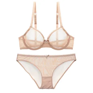 Sexy French style ultra-thin transparent mesh bra and panty set in nude beige color
