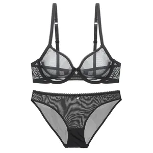 Sexy French ultra-thin transparent black mesh lingerie set with heart pendant.