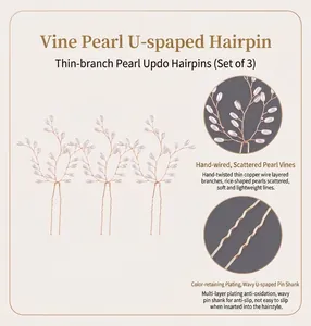 Detailed view of handmade vine-style pearl hair pins with anti-slip wavy U-shaped rods.