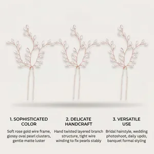 Three elegant rose gold bridal pearl hairpins with English feature and craft descriptions
