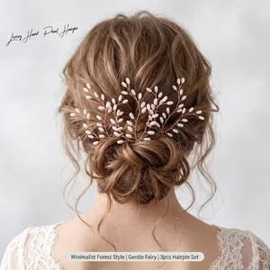 Handmade Wedding Artificial Pearl Hair Sticks For Women Alloy Gold Leaf Rhinestone Bridal Hair Pins U-Shaped Hair Accessories