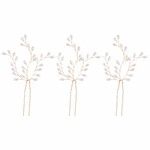 Elegant set of 3 handmade pearl U-shaped hair pins for bridal wedding hairstyles.