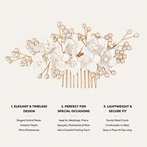 Vista detallada de peineta de novia con orquídeas de resina y elegantes perlas de imitación