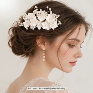 Peine de Cabello Elegante para Novia Hecho a Mano Flor de Resina Perla Artificial de Imitación Alambre de Aleación de Oro para Boda Banquete Fiesta Mujer