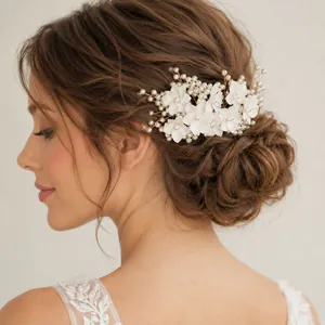 Elegante peineta artesanal de novia con flores de resina blanca y perlas