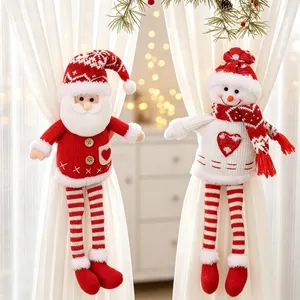 Christmas Curtain Tiebacks Plush Knitted Santa Claus Snowman Reindeer Long Legged Doll Festive Home Decor