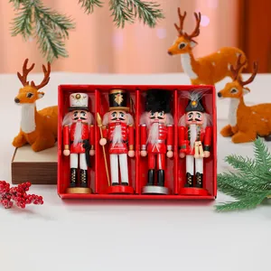 Set of 4 traditional wooden Christmas nutcracker soldier figurines in red gift box