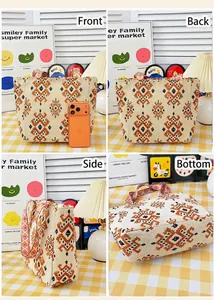Vistas multiángulo de un bolso tote bohemio bordado con motivos étnicos y asas tejidas.