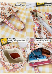 Vistas detalladas del bolso tote étnico bohemio con cremallera y bolsillo interior.
