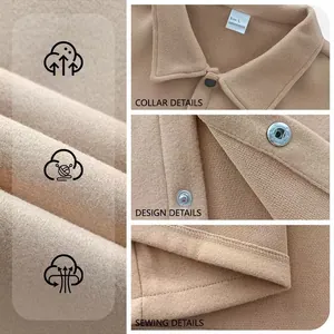 Close-up of collar, snap buttons, and sewing details on a men's tan tracksuit