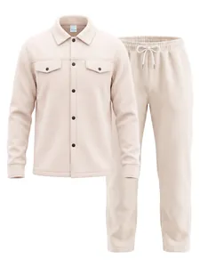 Ensemble veste et pantalon en polaire beige pour homme avec revers et cordon de serrage