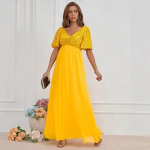 Robe du Soir Élégante à Col en V avec Paillettes et Chiffon Taille Haute Manches Volantées Robe Maxi pour Mariage Fête