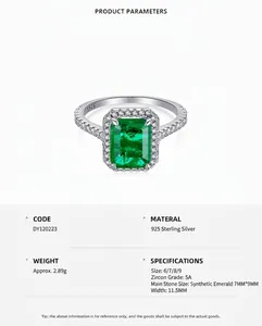 S925 sterling silver ring featuring an emerald-cut green stone and 5A cubic zirconia stones.