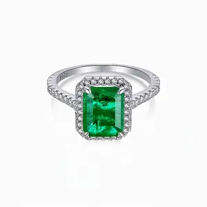 Luxury 925 Sterling Silver Ring Square Zirconia Geometric Emerald Cut Halo Wedding Banquet Fashionable Jewelry Finger Ring For Women