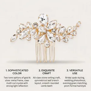 Détail du peigne à cheveux en cristal pour mariée avec sertissage et motif feuille