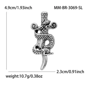 Vintage style silver-toned snake sword brooch with precise size and weight dimensions