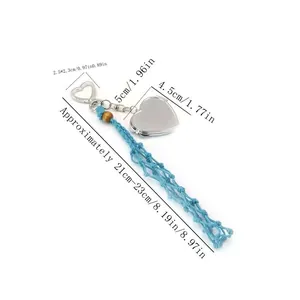 Dimensions of silver heart locket keychain with turquoise hand-woven net bag pendant